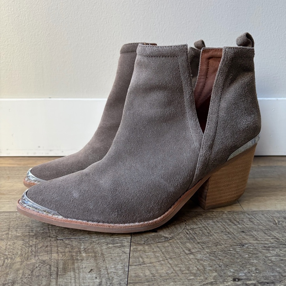 Jeffrey Campbell Cromwell Suede Side Slit Western Silver Toe Ankle Booties